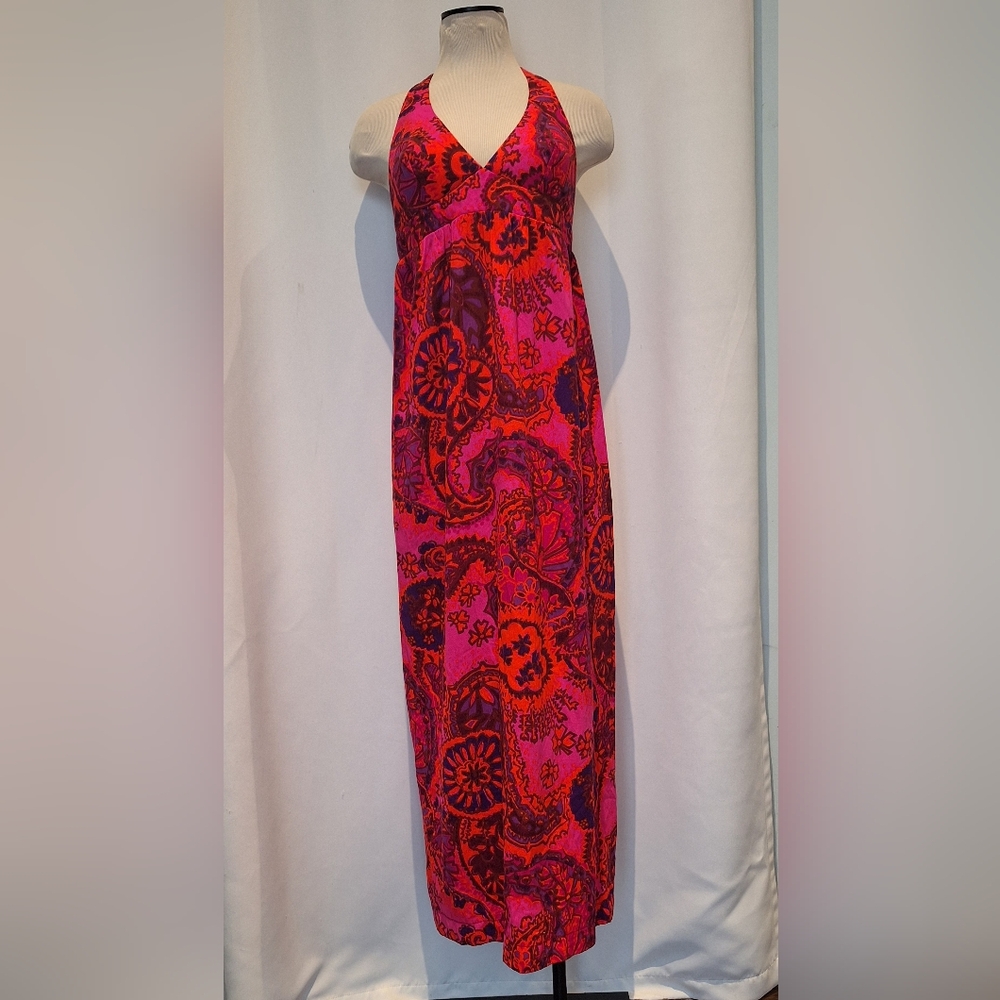 Vintage 70s  Vibrant Pink and Red Funky Disco  Studio 54 Halter Maxi Dress